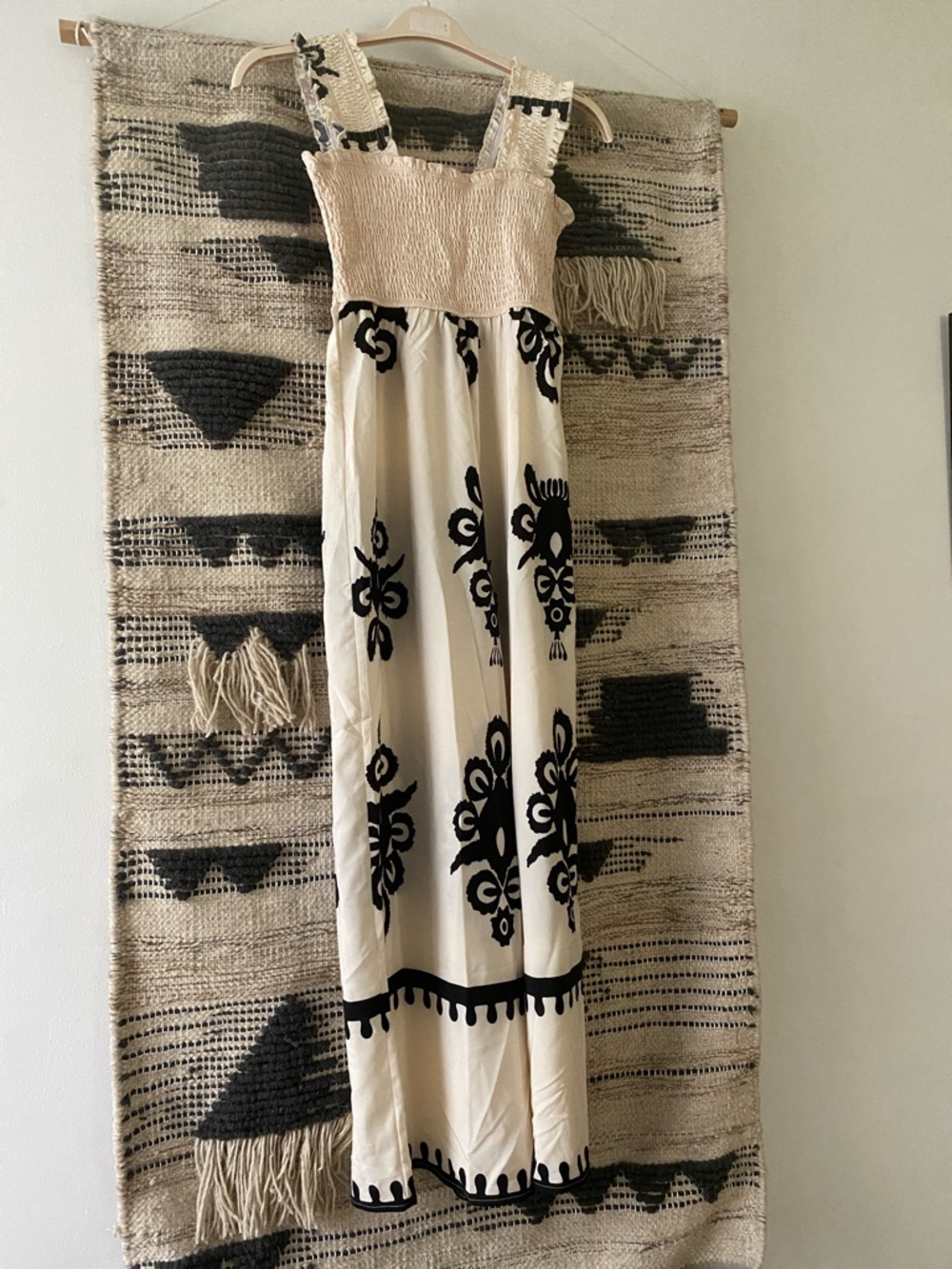 SHEIN Cream Maxi Jumpsuit with Black Embroidered Motifs